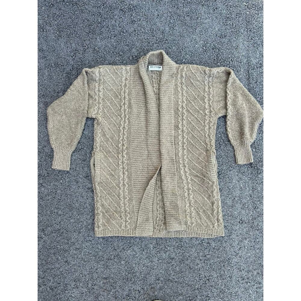 Vtg Women’s Medium Western Connection tan chunky knit sweater shoulder pads